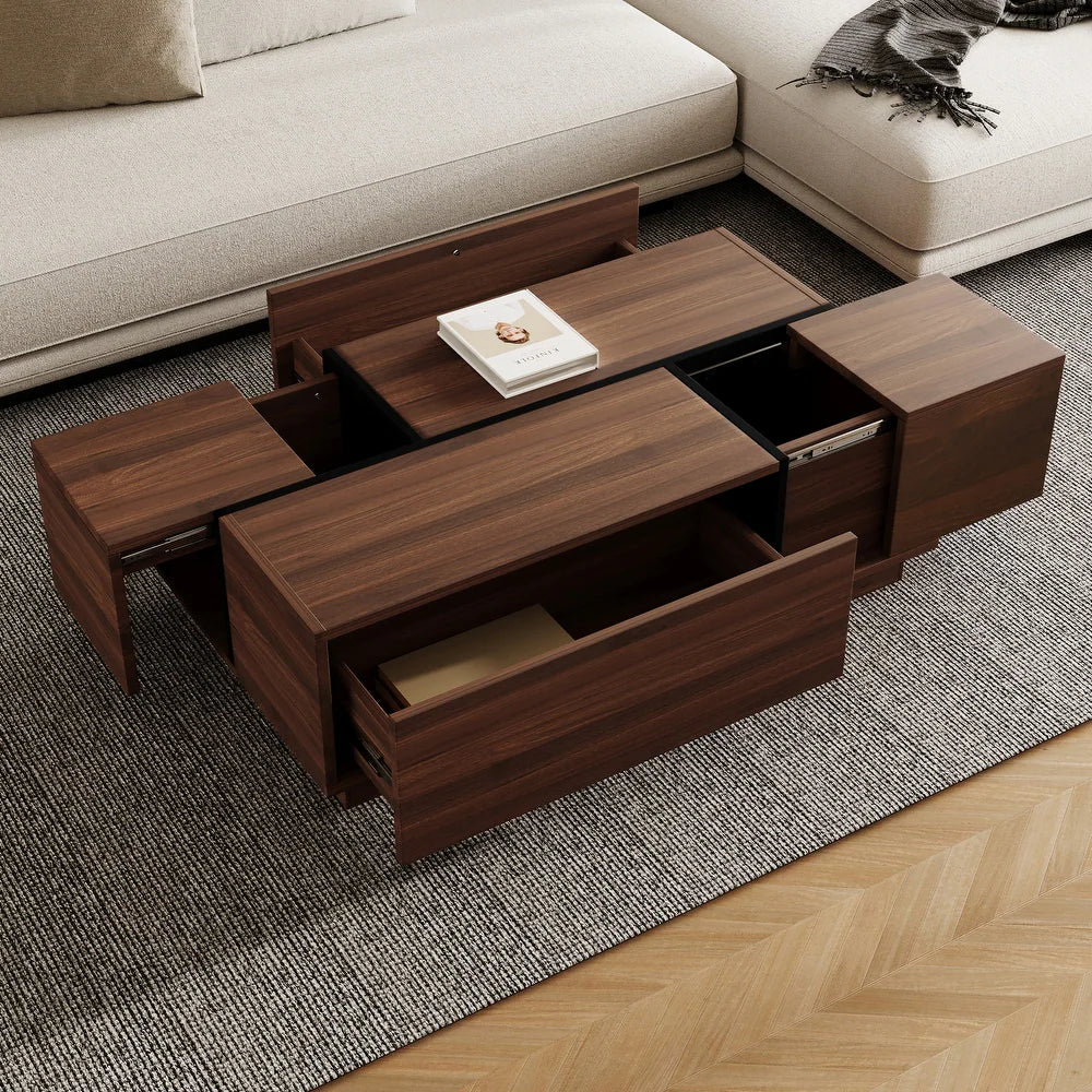 Walnut Rectangle MDF Coffee Table with Storage，Oblong CoffeeTable with Sliding Top, 2 Drawers, and Hidden Storage for Living Room