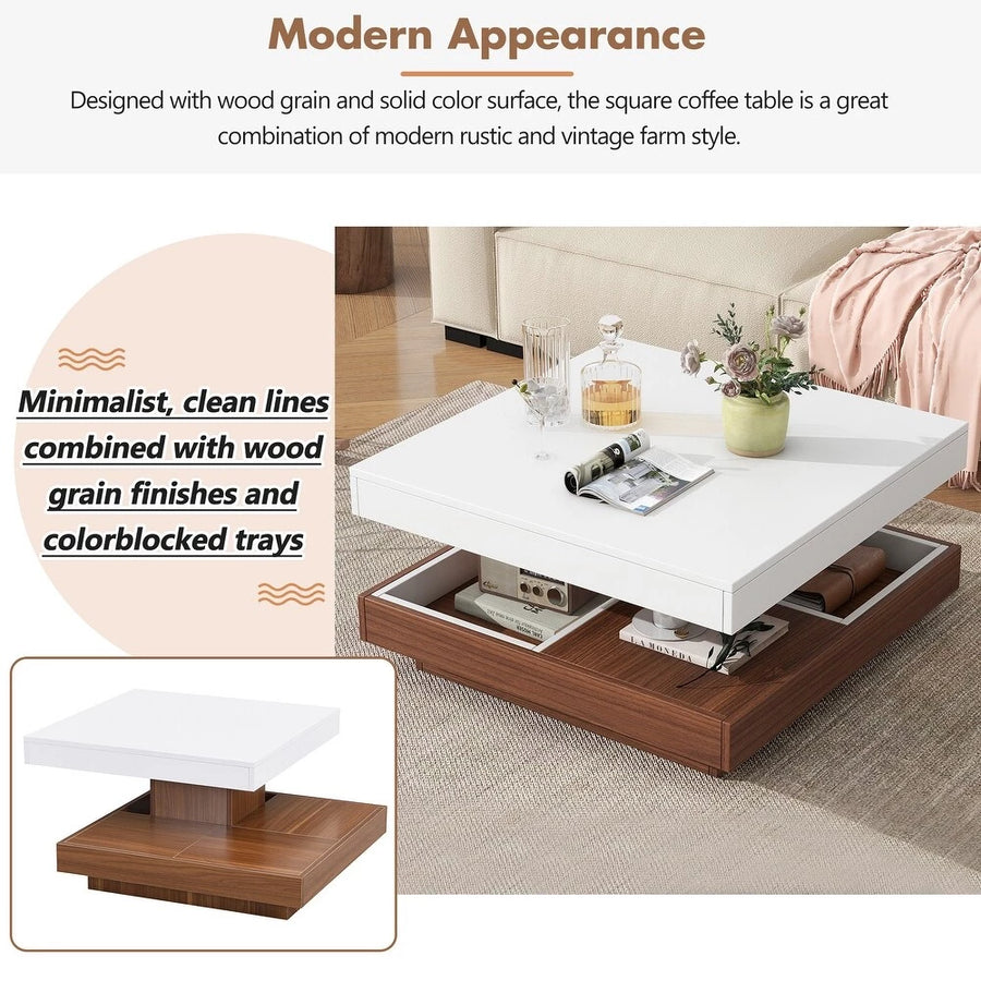 Modern 2-Tier Square Coffee Table with 360° Rotating Top, Wood Accent Cocktail Table with Detachable Tray