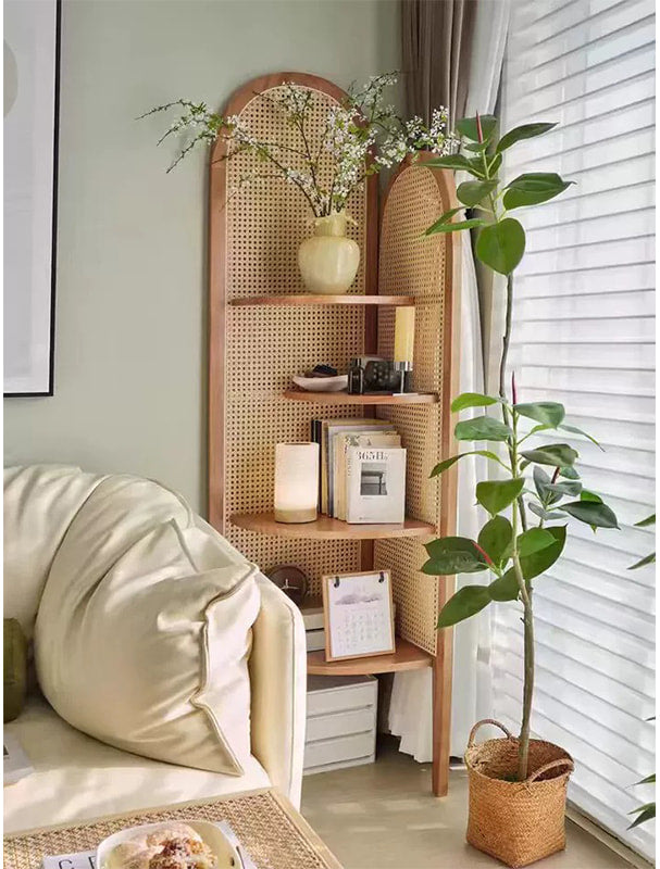 Retro Solid Wood & Rattan Multi-Tier Corner Bookshelf
