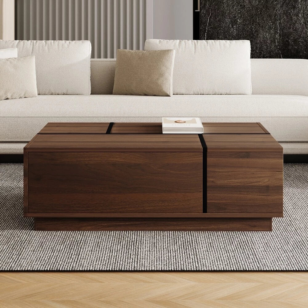 Walnut Rectangle MDF Coffee Table with Storage，Oblong CoffeeTable with Sliding Top, 2 Drawers, and Hidden Storage for Living Room