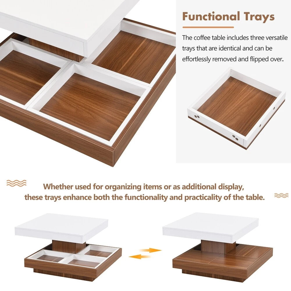 Modern 2-Tier Square Coffee Table with 360° Rotating Top, Wood Accent Cocktail Table with Detachable Tray