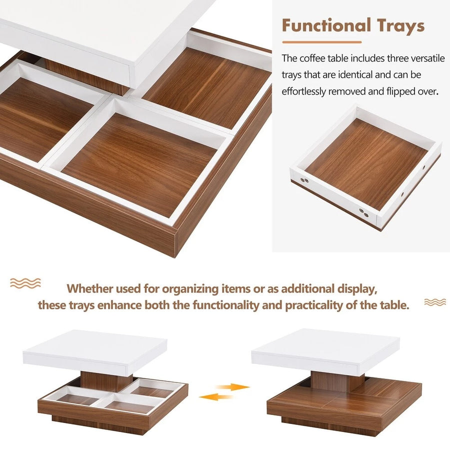 Modern 2-Tier Square Coffee Table with 360° Rotating Top, Wood Accent Cocktail Table with Detachable Tray