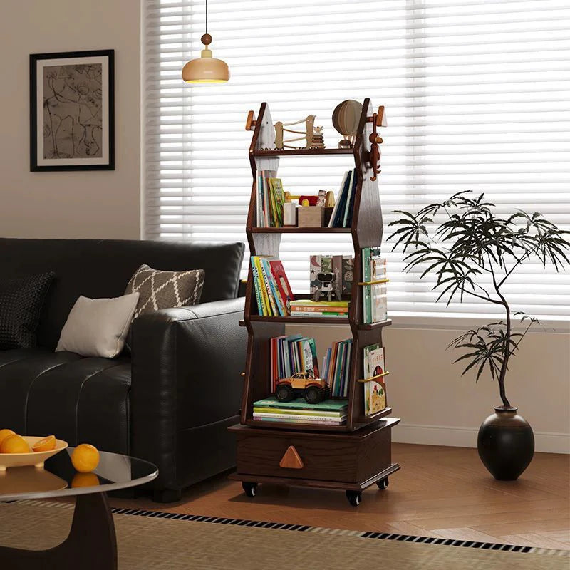 Kids Rotating Bookshelf, Wooden Mobile Children’s Book Rack, Floor Standing 360° Spin Bookcase with Wheels, Montessori Storage Organizer for Nursery, Bedroom & Playroom