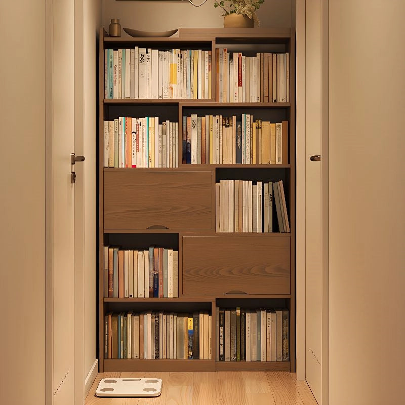 2 Doors Rubberwood Solids Multi-Functional Bookshelf, Retractable Design Solid Wood Bookcase, with 4-Tier, Wood Color, 43