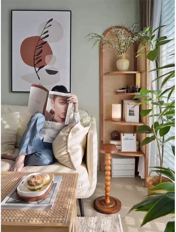 Retro Solid Wood & Rattan Multi-Tier Corner Bookshelf