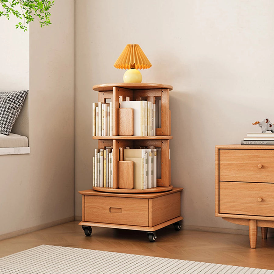 2-3 Tier Bookshelf Bookcase with a Drawer Bedside Spin Rotating Bookshelf with Wheels Book Storage Organizer for Bedroom Living Room Home Decoration Tool