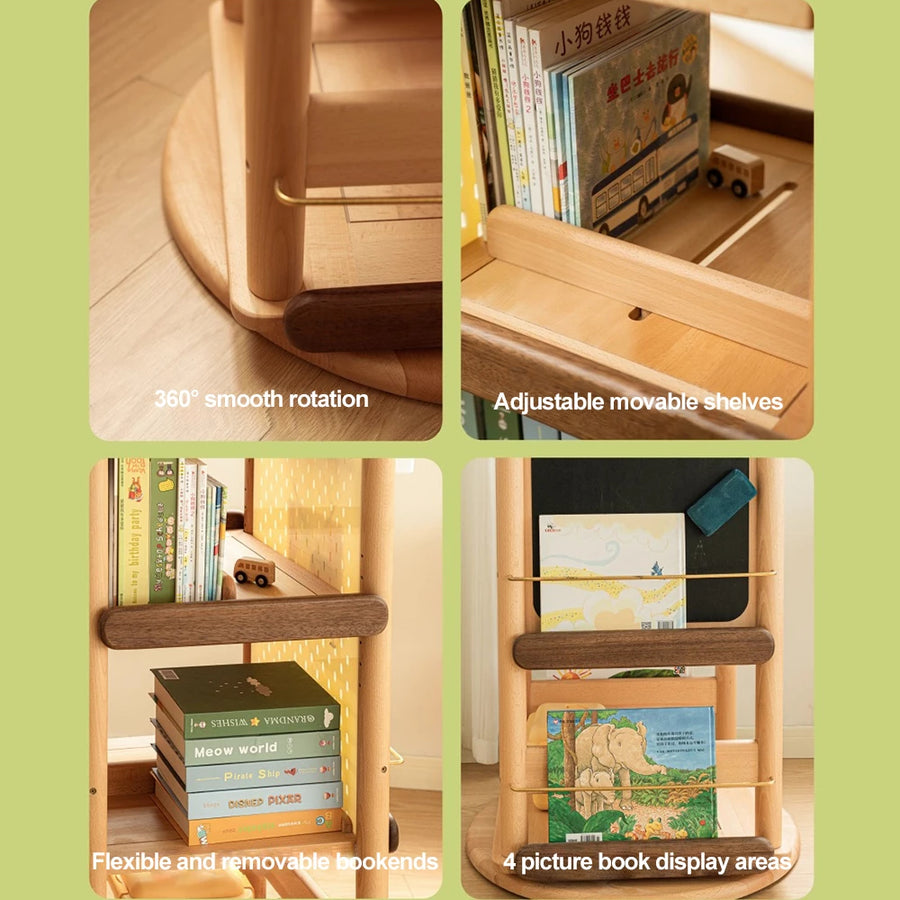 Rise Torrent 5-Tier Rotating Bookshelf – Solid Wood, 360° Spin On Wheels