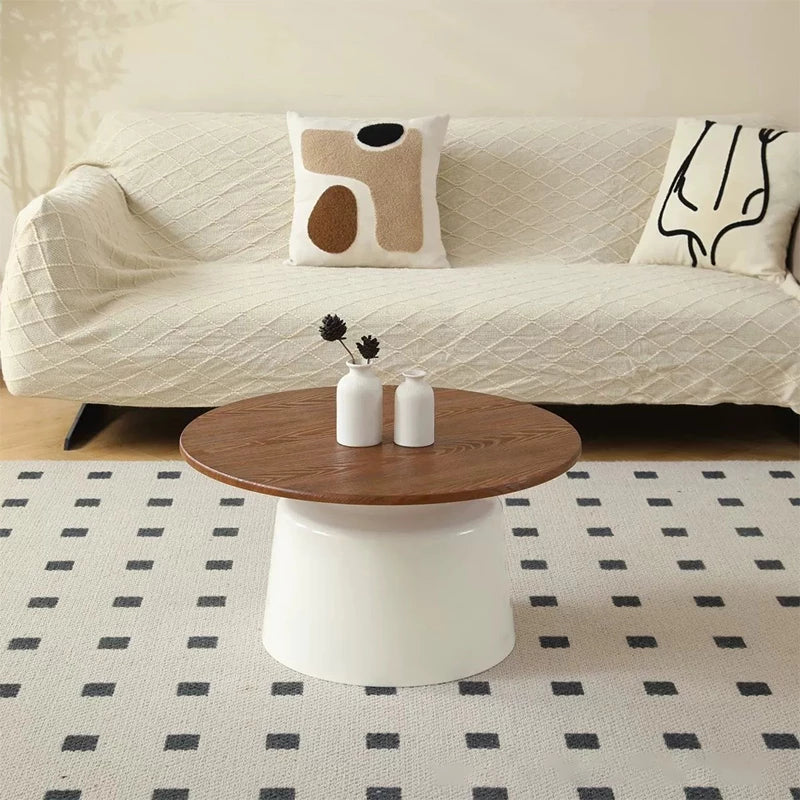 50+70cm Cream & Wood Round Coffee Table – Modern Pedestal Cocktail Table with Carbon Steel Base, Nordic Minimalist Center Table for Living Room