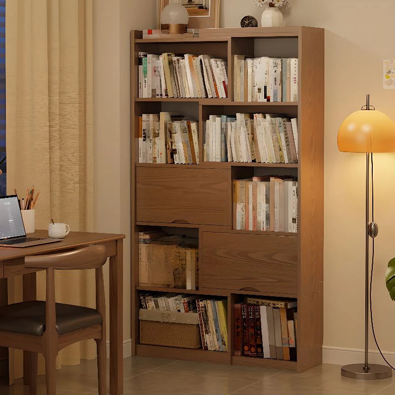 2 Doors Rubberwood Solids Multi-Functional Bookshelf, Retractable Design Solid Wood Bookcase, with 4-Tier, Wood Color, 43