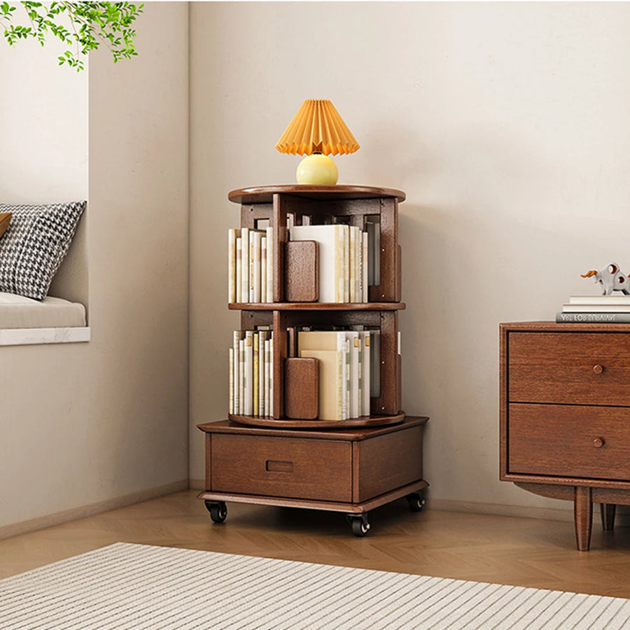 2-3 Tier Bookshelf Bookcase with a Drawer Bedside Spin Rotating Bookshelf with Wheels Book Storage Organizer for Bedroom Living Room Home Decoration Tool
