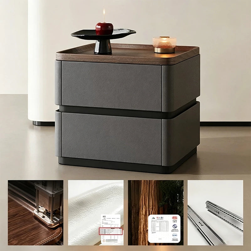 Modern 2-Drawer Nightstand with Hidden Handles & Silent Slides, Faux Leather Wrapped Wooden Bedside Table