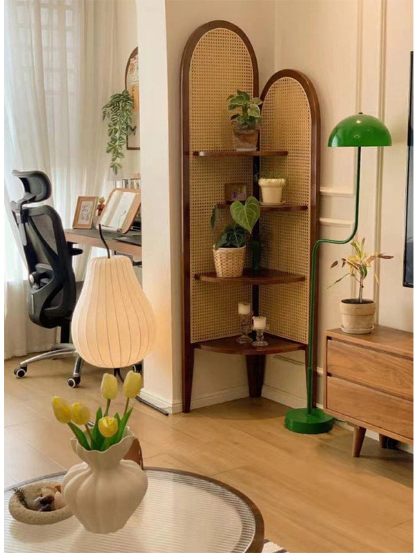 Retro Solid Wood & Rattan Multi-Tier Corner Bookshelf