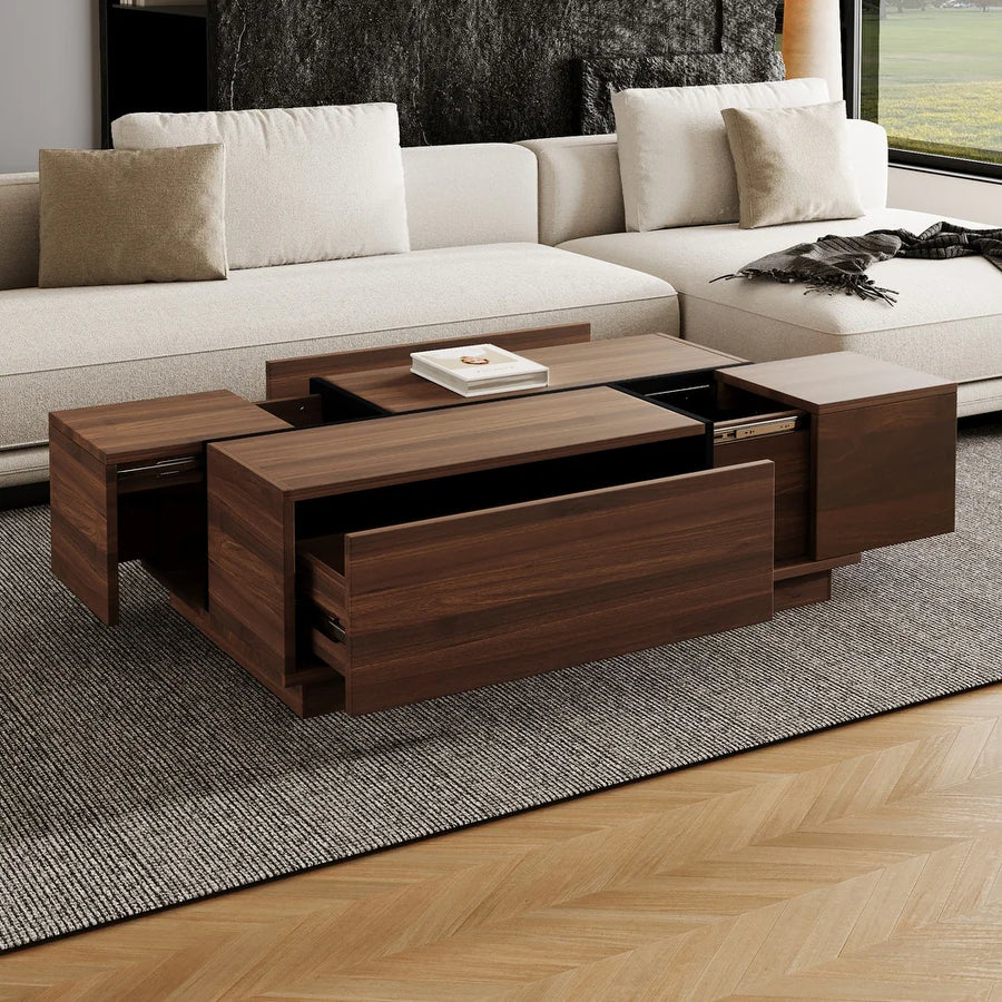 Walnut Rectangle MDF Coffee Table with Storage，Oblong CoffeeTable with Sliding Top, 2 Drawers, and Hidden Storage for Living Room