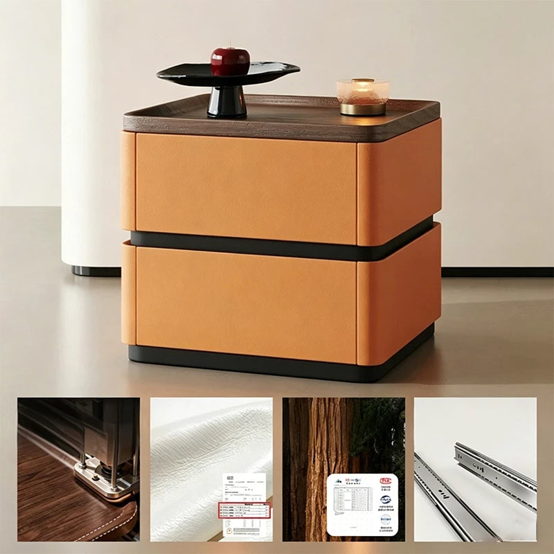 Modern 2-Drawer Nightstand with Hidden Handles & Silent Slides, Faux Leather Wrapped Wooden Bedside Table