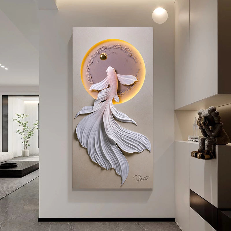 Goldfish Decoration Painting Lamp, Modern Luxury Indoor Background Wall Lamp Living Room Villa Corridor Creative Wall Light, Remote control with battery