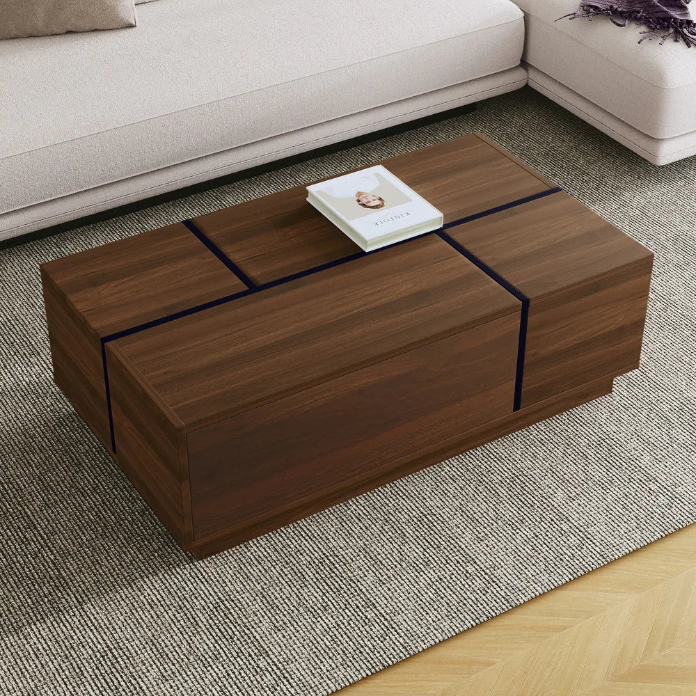 Walnut Rectangle MDF Coffee Table with Storage，Oblong CoffeeTable with Sliding Top, 2 Drawers, and Hidden Storage for Living Room