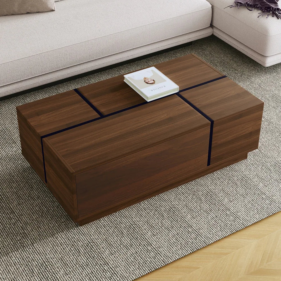 Walnut Rectangle MDF Coffee Table with Storage，Oblong CoffeeTable with Sliding Top, 2 Drawers, and Hidden Storage for Living Room