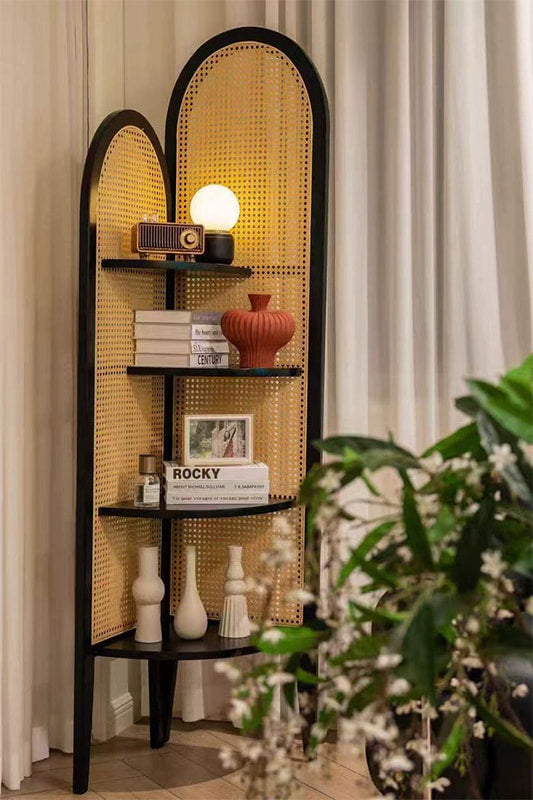 Retro Solid Wood & Rattan Multi-Tier Corner Bookshelf