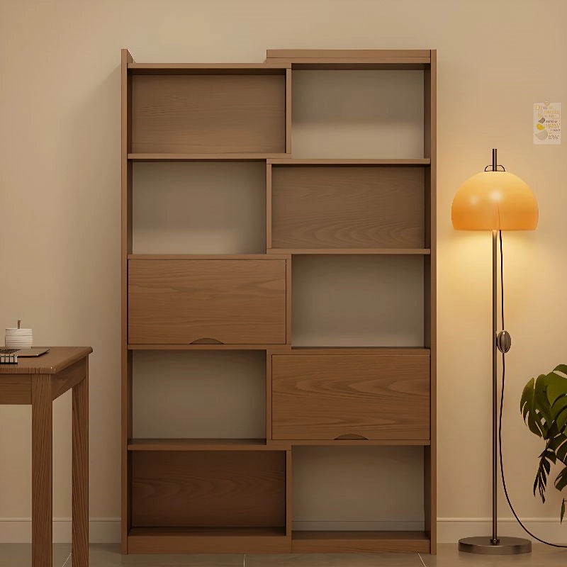 2 Doors Rubberwood Solids Multi-Functional Bookshelf, Retractable Design Solid Wood Bookcase, with 4-Tier, Wood Color, 43