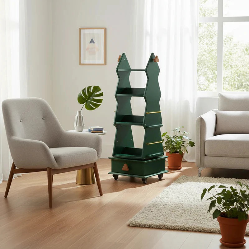 Kids Rotating Bookshelf, Wooden Mobile Children’s Book Rack, Floor Standing 360° Spin Bookcase with Wheels, Montessori Storage Organizer for Nursery, Bedroom & Playroom