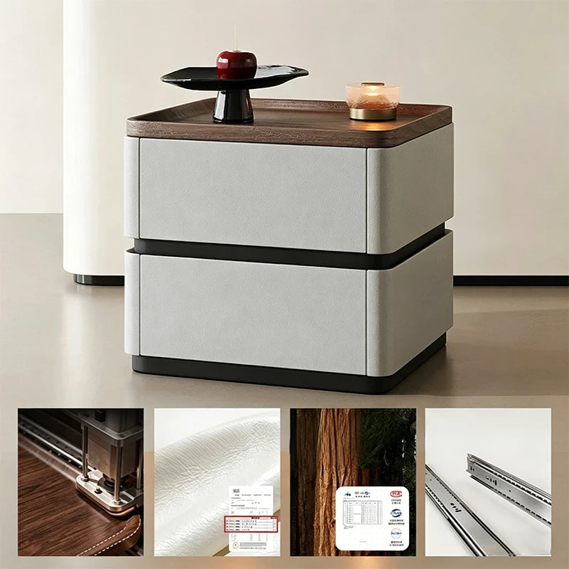 Modern 2-Drawer Nightstand with Hidden Handles & Silent Slides, Faux Leather Wrapped Wooden Bedside Table