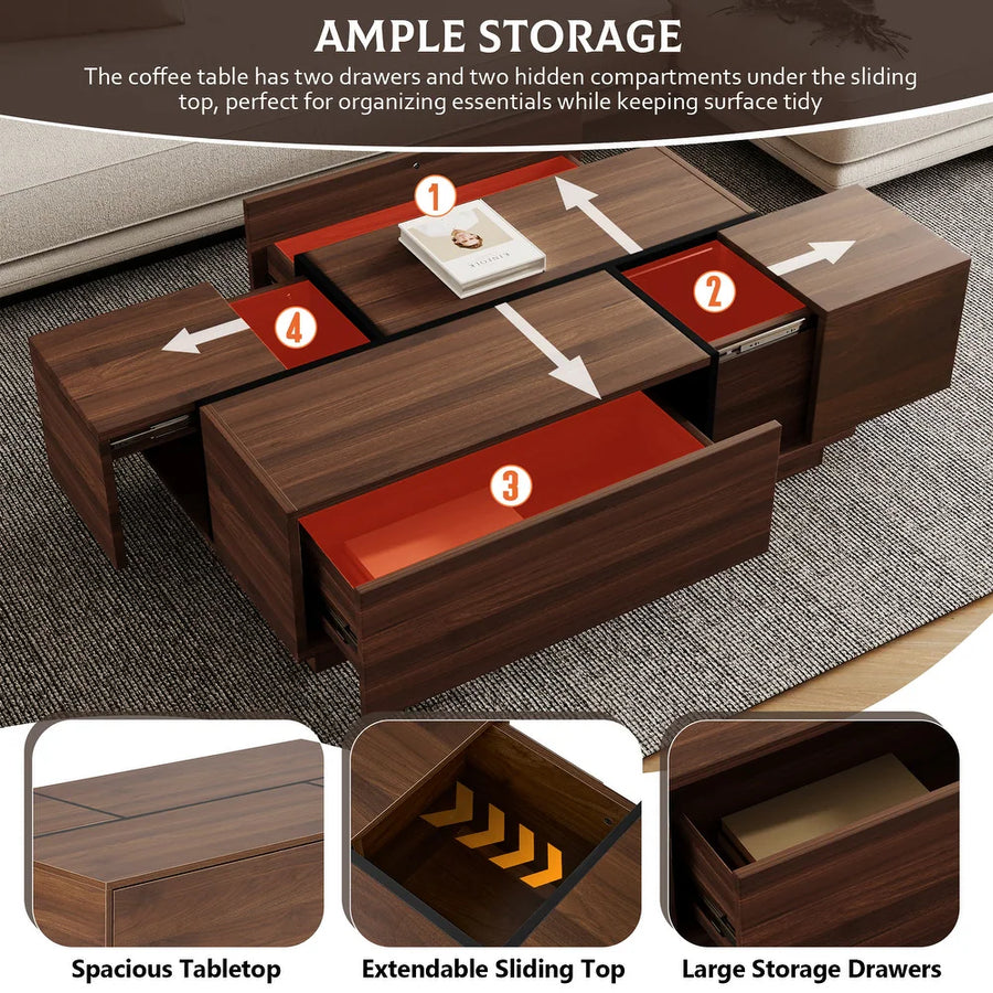 Walnut Rectangle MDF Coffee Table with Storage，Oblong CoffeeTable with Sliding Top, 2 Drawers, and Hidden Storage for Living Room