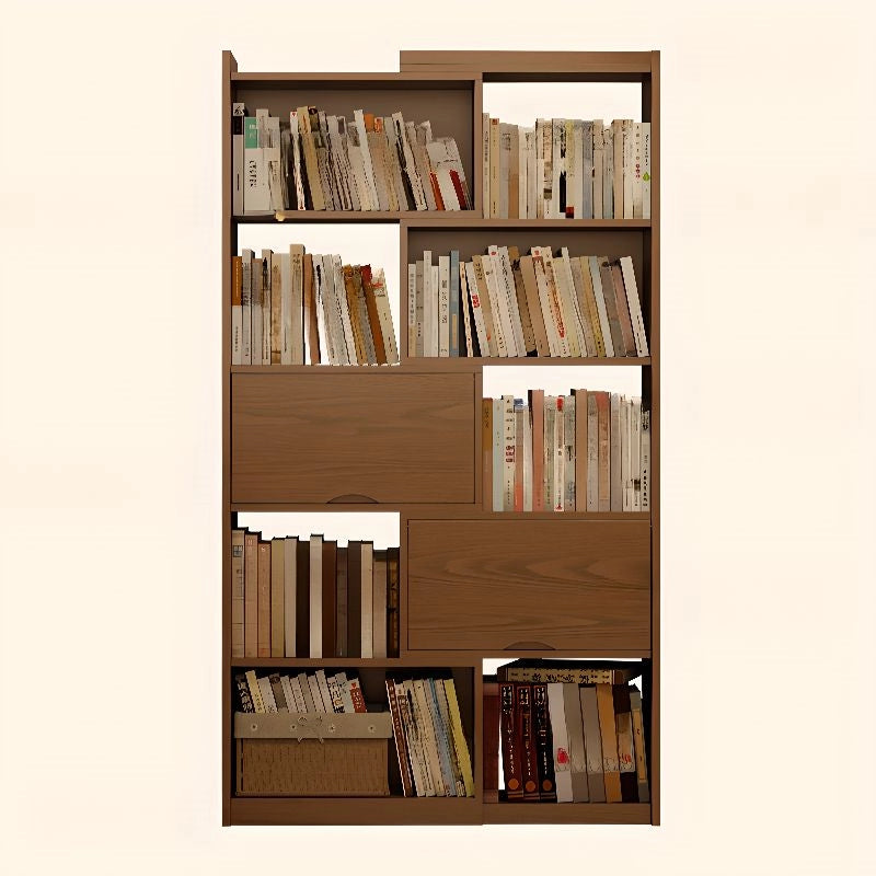 2 Doors Rubberwood Solids Multi-Functional Bookshelf, Retractable Design Solid Wood Bookcase, with 4-Tier, Wood Color, 43