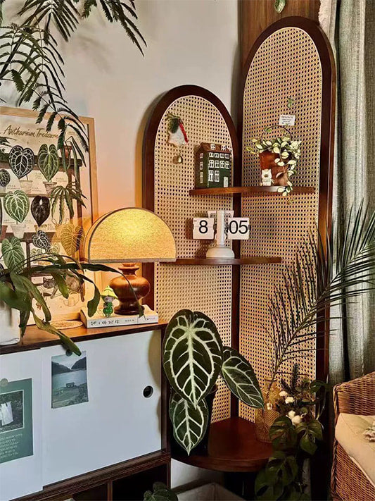 Retro Solid Wood & Rattan Multi-Tier Corner Bookshelf