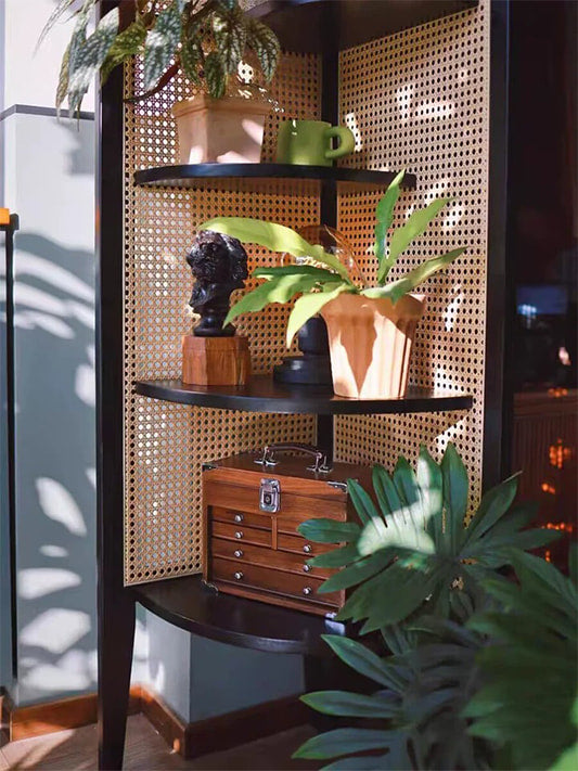 Retro Solid Wood & Rattan Multi-Tier Corner Bookshelf