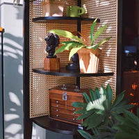 Retro Solid Wood & Rattan Multi-Tier Corner Bookshelf