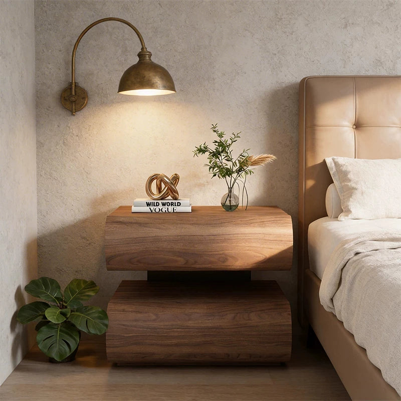 Modern Light Luxury Bedroom Nightstand — Cat-Scratch-Resistant Leather & Multi-Layer Solid Wood Construction, Dual-Drawer Design, Floating Storage Cabinet