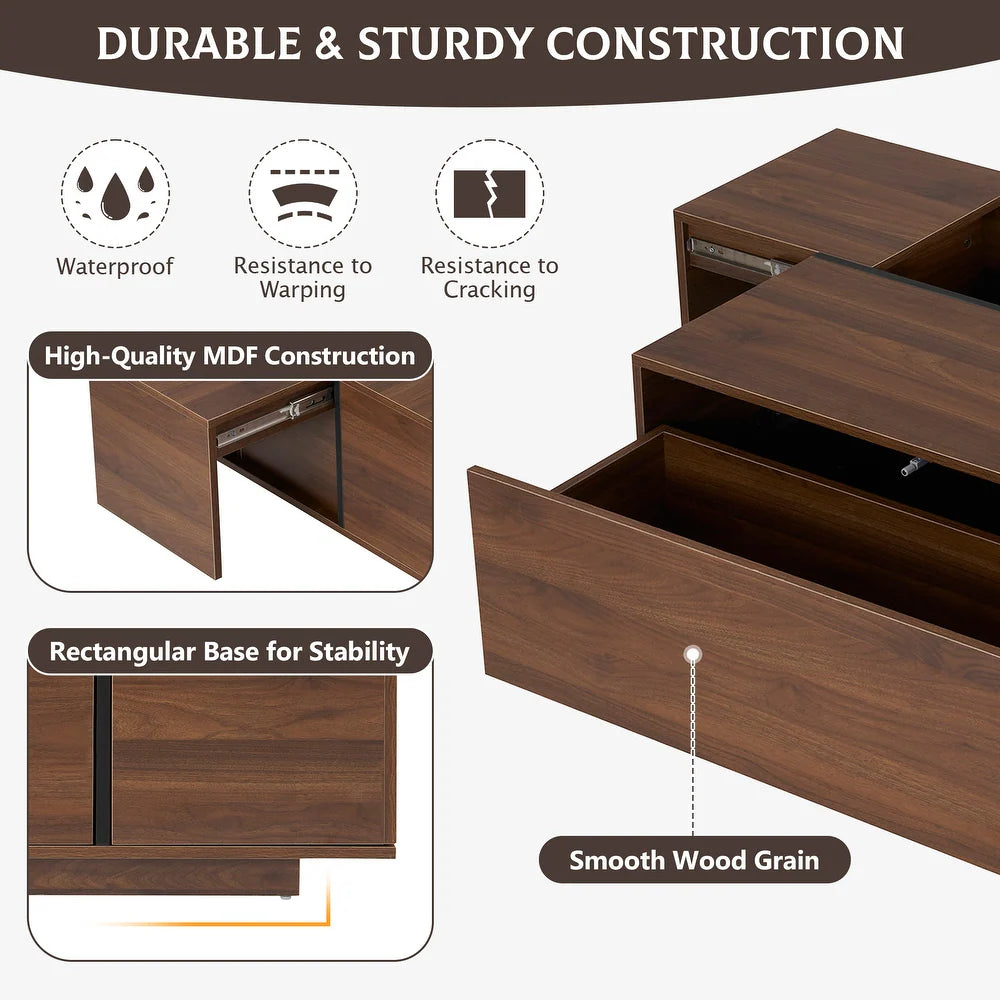 Walnut Rectangle MDF Coffee Table with Storage，Oblong CoffeeTable with Sliding Top, 2 Drawers, and Hidden Storage for Living Room