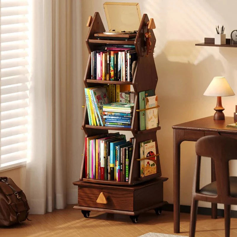 Kids Rotating Bookshelf, Wooden Mobile Children’s Book Rack, Floor Standing 360° Spin Bookcase with Wheels, Montessori Storage Organizer for Nursery, Bedroom & Playroom