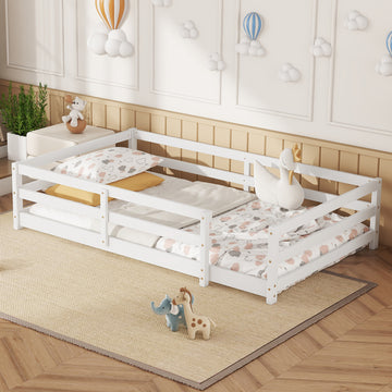 Twin Size Floor Bed, Floor Bed with Fence, Kids Montessori Bed Twin Size, Wood Montessori Floor Bed for Kids, Girls, Boys(WHITE)