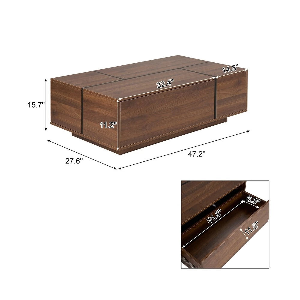 Walnut Rectangle MDF Coffee Table with Storage，Oblong CoffeeTable with Sliding Top, 2 Drawers, and Hidden Storage for Living Room
