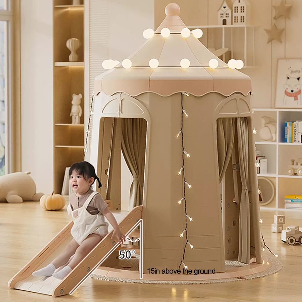 indoor playhouse tent Kids-Teepee-Tent with Lights & slide & drawing board, Natural Cotton Canvas Toddler Tent