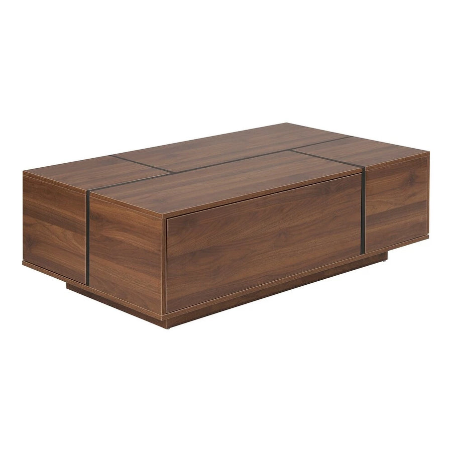 Walnut Rectangle MDF Coffee Table with Storage，Oblong CoffeeTable with Sliding Top, 2 Drawers, and Hidden Storage for Living Room