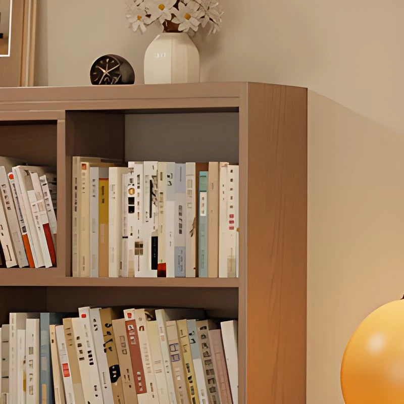 2 Doors Rubberwood Solids Multi-Functional Bookshelf, Retractable Design Solid Wood Bookcase, with 4-Tier, Wood Color, 43