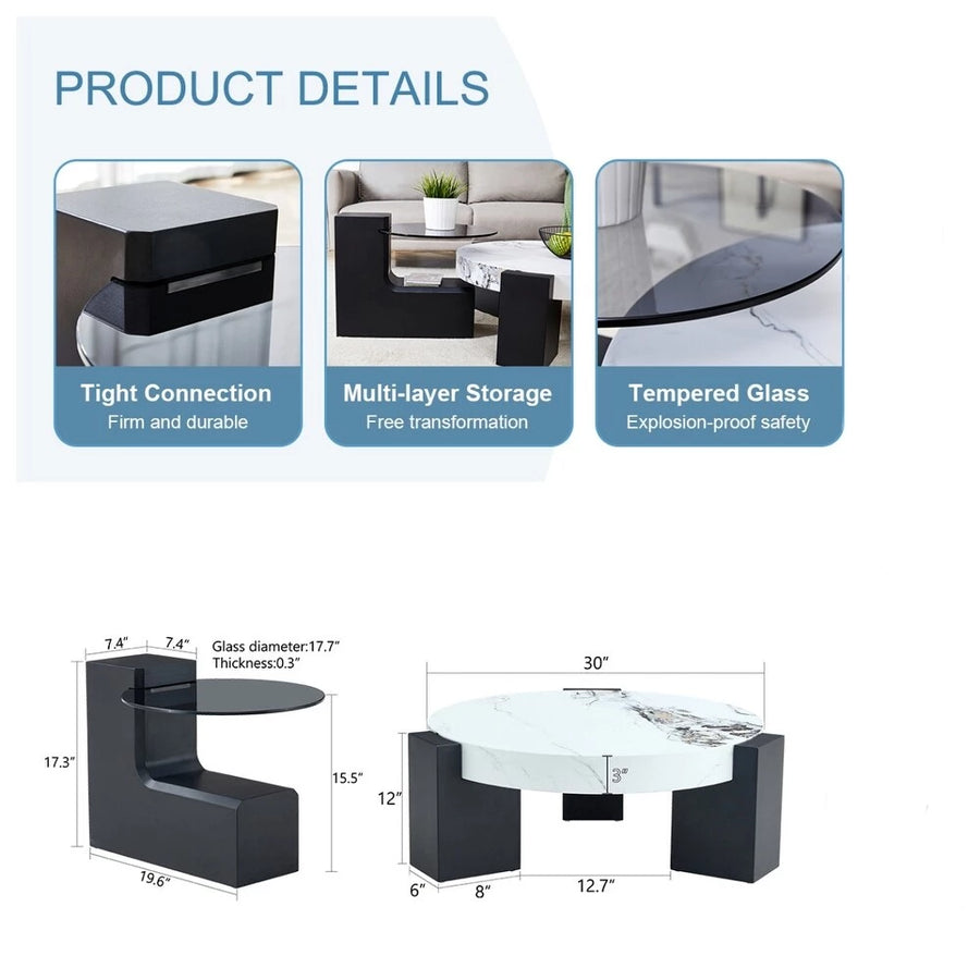 Coffee Table with End Table Set, Modern Durable Marble Textured MDF Center Table with a Side Table for Living Room