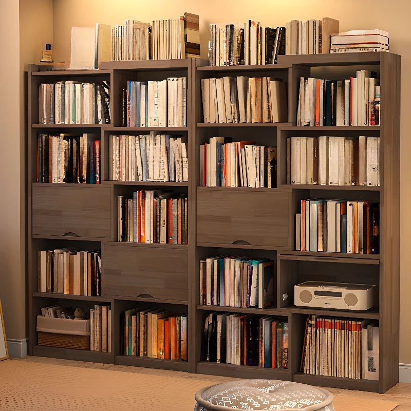 2 Doors Rubberwood Solids Multi-Functional Bookshelf, Retractable Design Solid Wood Bookcase, with 4-Tier, Wood Color, 43