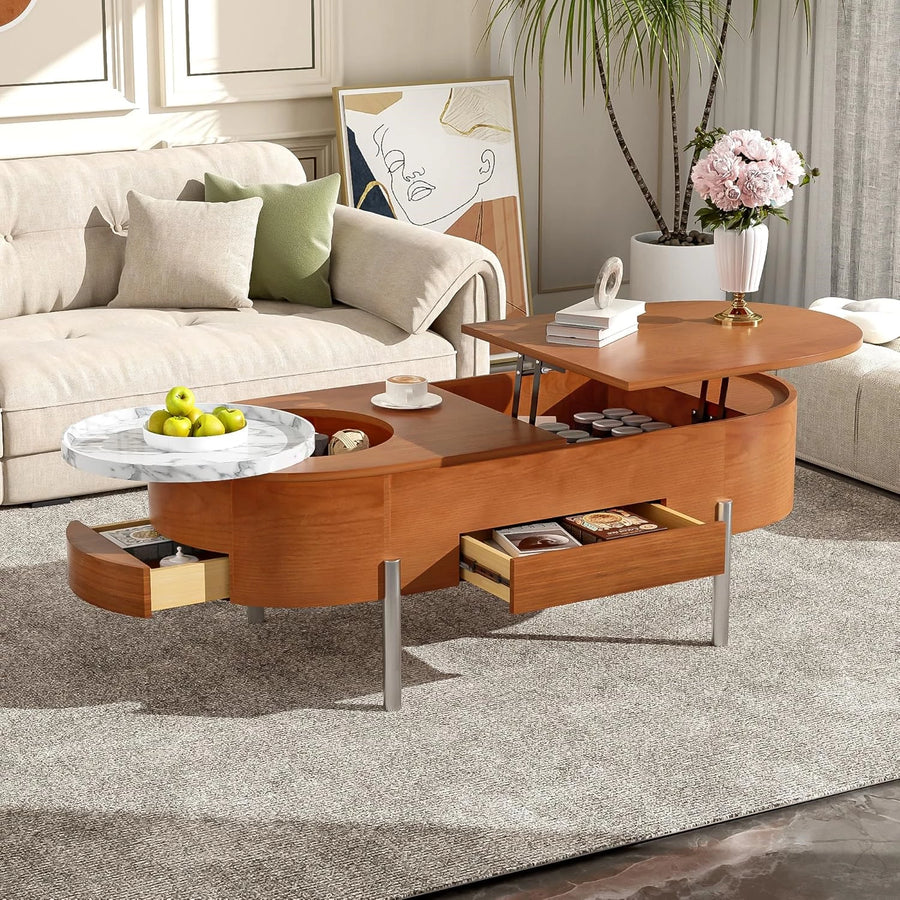 Coffee Table, Lift Top Coffee Tables for Living Room, Wooden Center Tables with Hidden Compartment and 360-degree Marble-Patterned Rotating Tray, 47.2'', (Brown)
