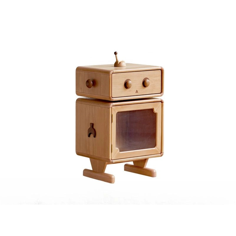 1 Shelf Timber Kids Nightstand with Built-in Outlet, Robot Night Side Table Lights, Cabinets, Cupboard, Compartment, Wood Color