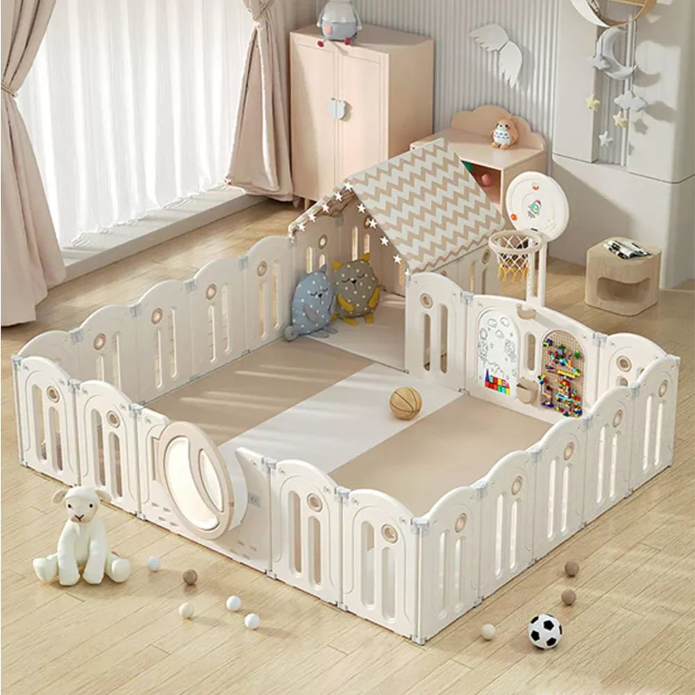 Foldable Infant Play Yard with House Baby Playpen and Matching Toys | Star-Moon