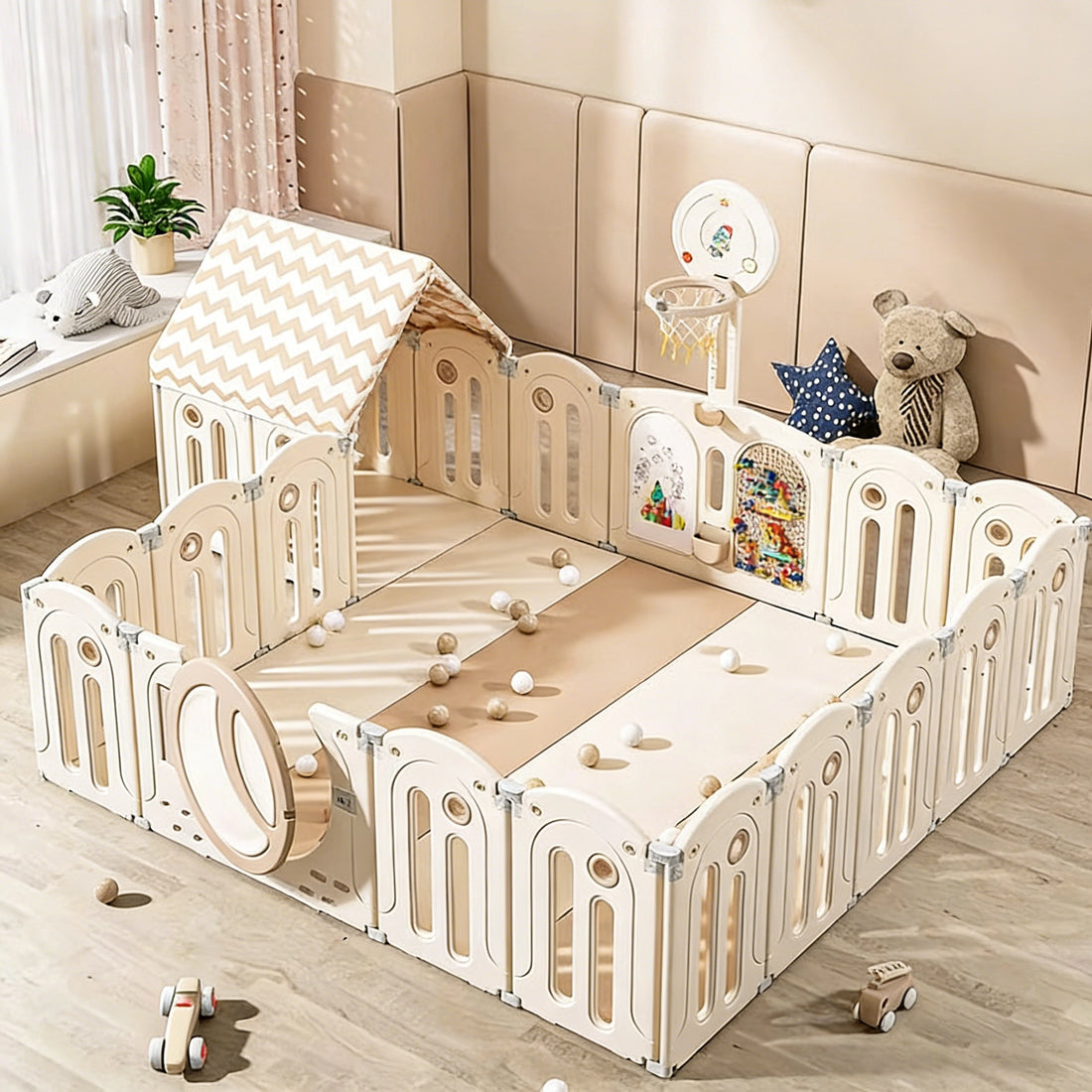 Foldable Infant Play Yard with House Baby Playpen and Matching Toys | Star-Moon