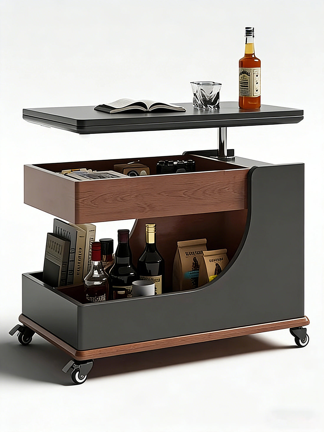 Mobile Adjustable Height Side Table with Sintered Stone Top, Modern Coffee Table for Living Room