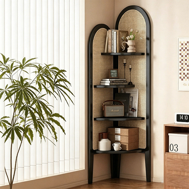Retro Solid Wood & Rattan Multi-Tier Corner Bookshelf