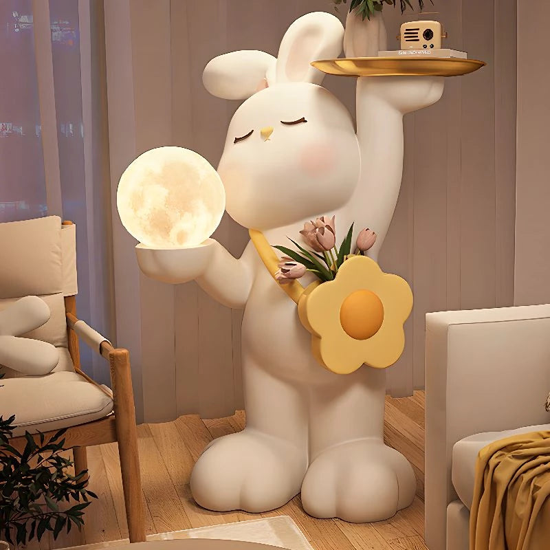 White Resin Rabbit Moon Floor Lamp Sculpture Ornament Decor Living Room Bedroom