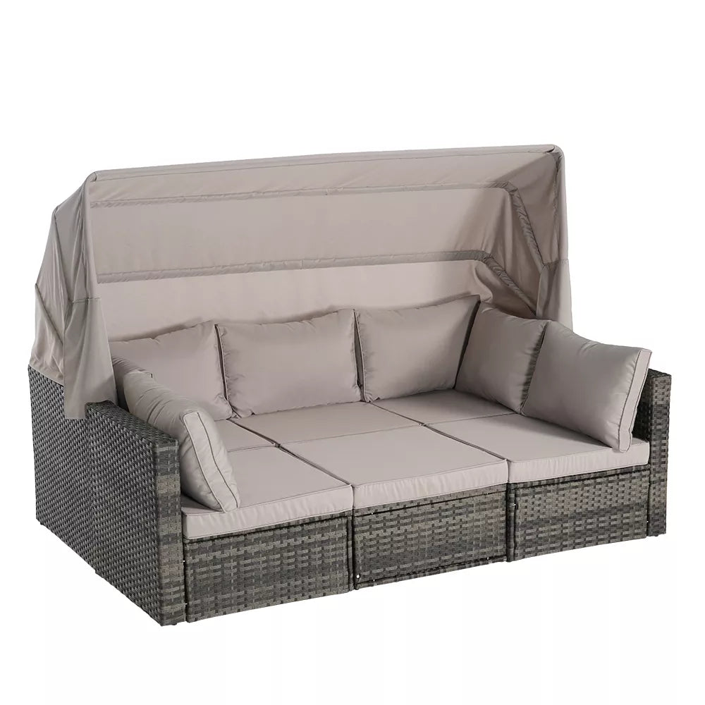 5-Piece Gray Wicker Outdoor Day Bed with Cushions, Retractable Canopy, Storable Side Table,outdoors dining