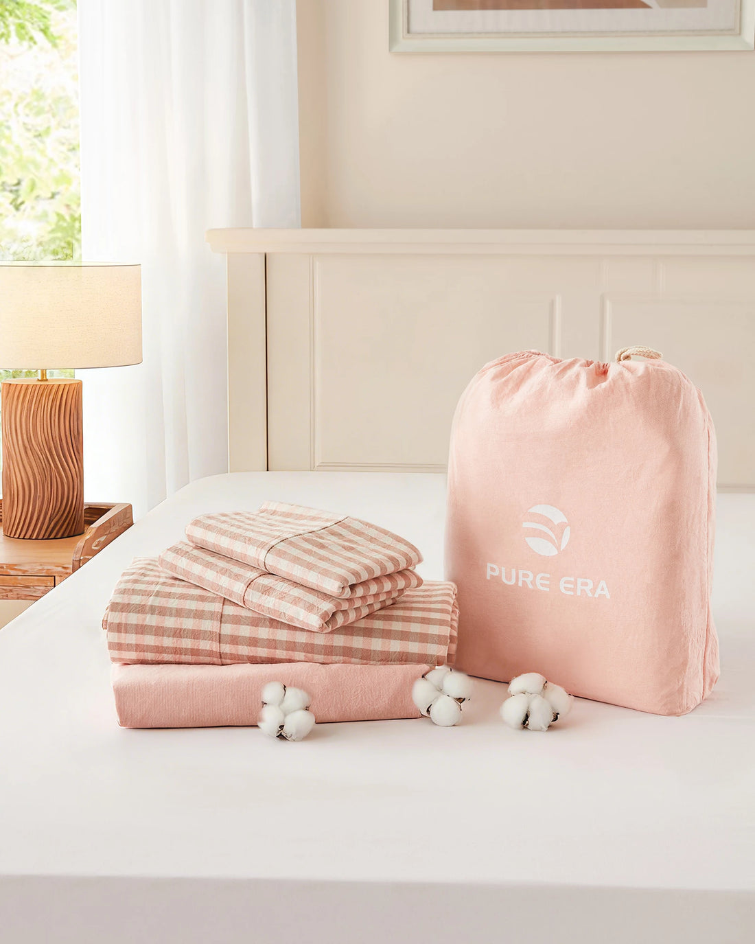 100% Washed Cotton Gingham Bed Sheet Set