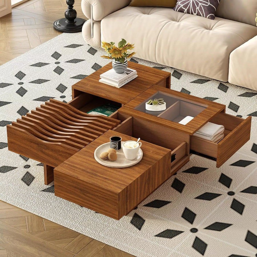 Mid Century Modern Coffee Table, Wooden Center Table with 3 Drawers Tempered Glass and Solid Wood Legs for Living Room, Brown